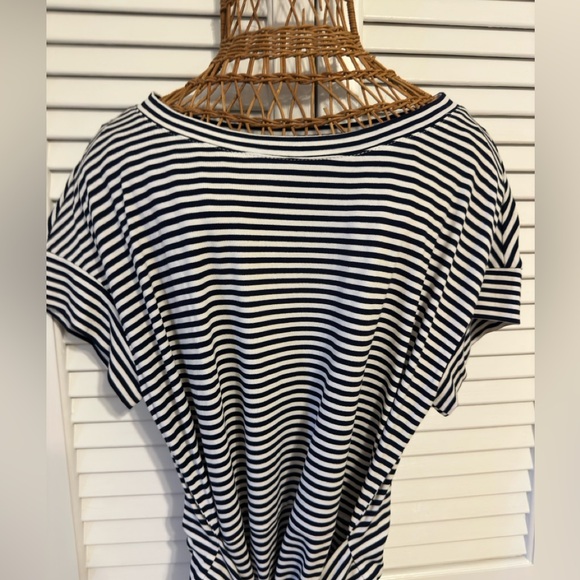Merokeety T-shirt Dress w/pockets/wrap belt-Stripes midi length women’s NWT blue - Picture 4 of 8